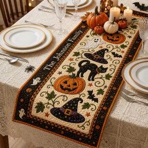 Runner da tavola trapuntato personalizzato con nome di famiglia, design floreale autunnale, di Halloween e del Ringraziamento con cognome personalizzato, arredamento rustico per cucina e sala da pranzo.