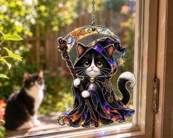 Personalized Cat Witch Suncatcher, Custom Pet Photo Car Charm, Halloween Decor 2026, Hologram Window Hanging, Cat Lover Gift