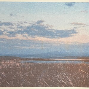 May include: A landscape print featuring a vast field of tall, dry brown grasses in the foreground, leading to a calm body of water. In the distance, low-lying hills are visible under a soft, pale blue sky filled with scattered, light clouds.