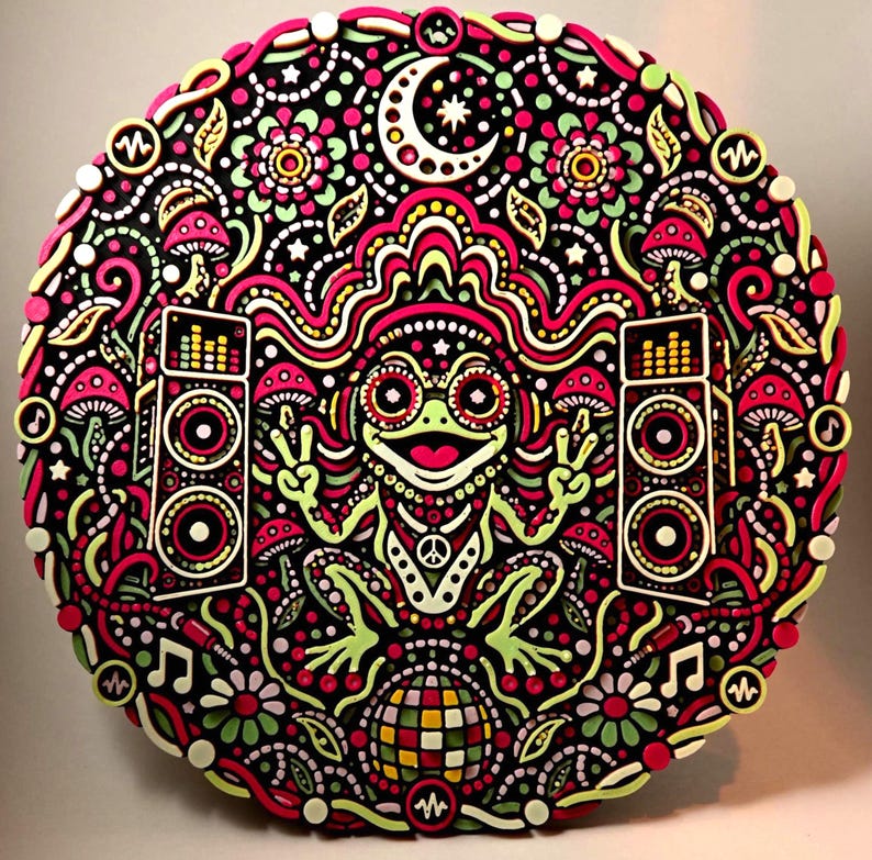 Bass Frog psychedelic 3D printed wall art shown straight-on in ordinary daylight with the full circular edge visible.