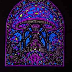 May include: A wall art piece featuring a large central mushroom with a cap filled with blue, purple, and lime green patterns. The design includes smaller mushrooms, intricate arched structures, and floral motifs in a vibrant, glowing neon color palette.
