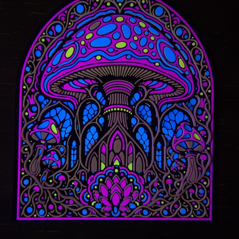 May include: A wall art piece featuring a large central mushroom with a cap filled with blue, purple, and lime green patterns. The design includes smaller mushrooms, intricate arched structures, and floral motifs in a vibrant, glowing neon color palette.