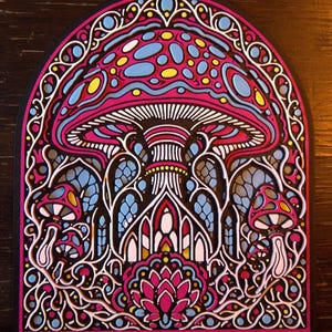 May include: A layered art piece featuring a large central mushroom with a pink cap and blue spots, surrounded by smaller mushrooms and intricate, arched architectural patterns in a vibrant color palette of pink, blue, yellow, and white.