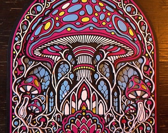 Mushroom Cathedral - Glow-in-the-Dark 3D Wall Art, Psychedelic Neon Relief