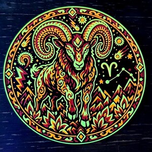 Puede incluir: Una pegatina circular con un carnero estilizado de grandes cuernos curvados, en tonos verde ne&oacute;n, naranja y rojo sobre fondo negro. El dise&ntilde;o incluye elementos celestiales como estrellas, un cometa y el s&iacute;mbolo del zodiaco Aries.