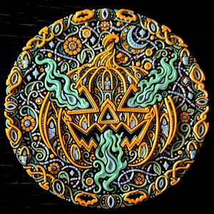 Jack o’ the Shadows circular jack-o’-lantern wall relief photographed in ordinary light, showing the complete design.