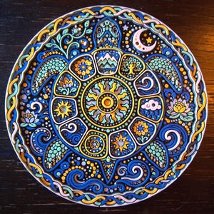 May include: A circular wall art piece featuring a detailed sea turtle with a shell divided into segments containing icons of mountains, trees, clouds, and flowers. The design uses a vibrant palette of blue, yellow, and white with intricate patterns.