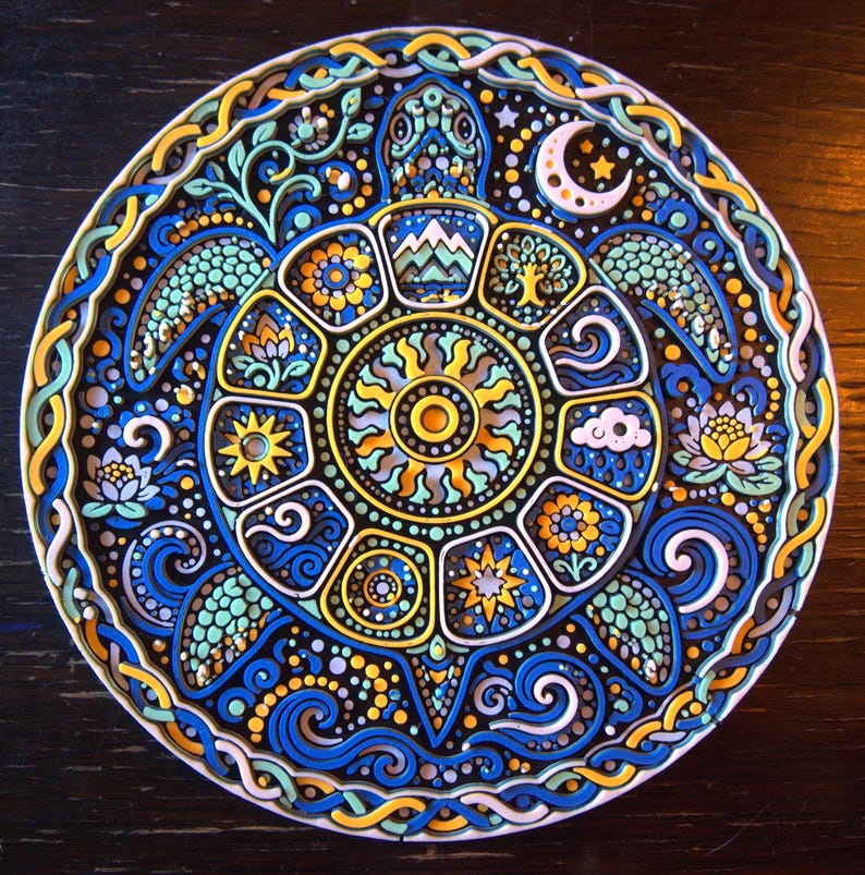 May include: A circular wall art piece featuring a detailed sea turtle with a shell divided into segments containing icons of mountains, trees, clouds, and flowers. The design uses a vibrant palette of blue, yellow, and white with intricate patterns.