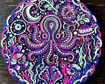 Octo Funkedelic - Glow-in-the-Dark 3D Wall Art, Psychedelic Octopus Relief