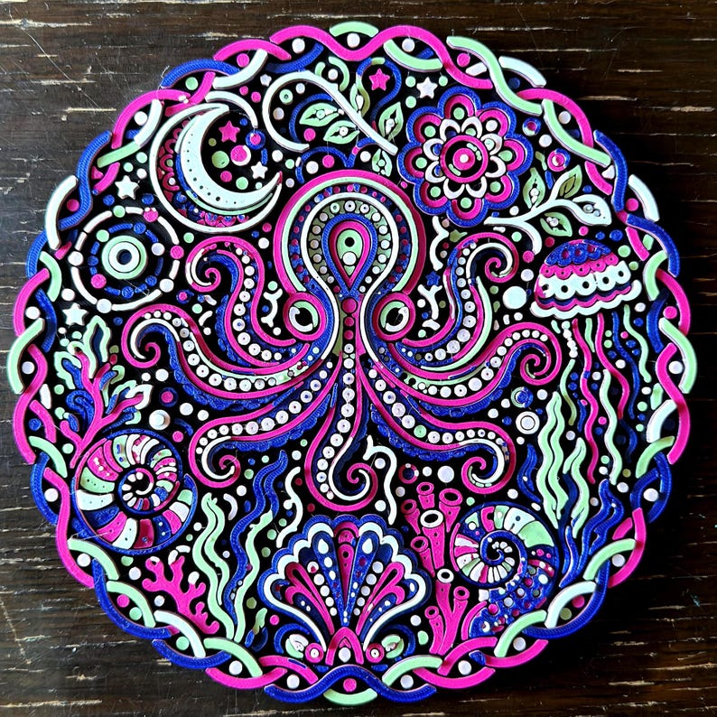 Octo Funkedelic - Décoration murale 3D phosphorescente, relief pieuvre psychédélique image 1
