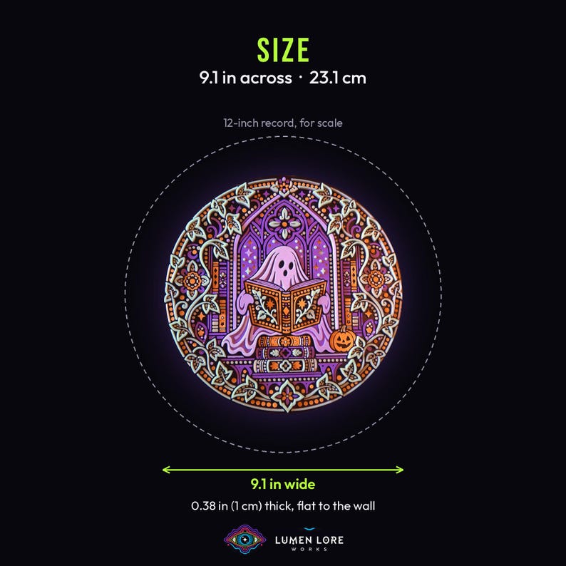 Midnight Reader size: about 9.1 inches across, shown inside a 12-inch record outline