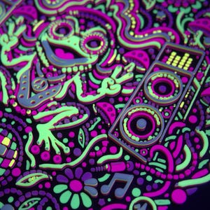 Angled close-up under UV blacklight showing fluorescent colors and dimensional details.