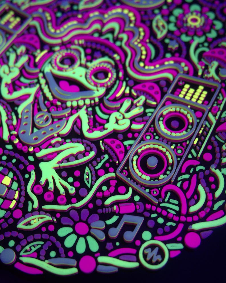 Angled close-up under UV blacklight showing fluorescent colors and dimensional details.