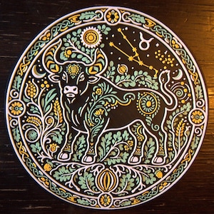 Może przedstawiać: Okrągła ozdobna tabliczka z ilustracją czarnego byka ozdobioną misternymi jasnozielonymi i ż&oacute;łtymi wzorami kwiatowymi. Projekt zawiera symbol zodiaku Byka, gwiazdozbi&oacute;r oraz szczeg&oacute;łową obw&oacute;dkę z węzłami w stylu celtyckim.