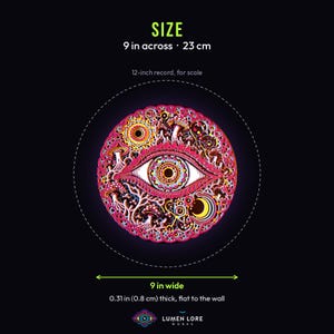 Cosmic Eye size: about 9 inches across, shown inside a 12-inch record outline