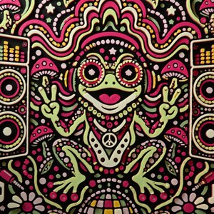 Close-up of the smiling Bass Frog character wearing headphones between the speaker stacks.