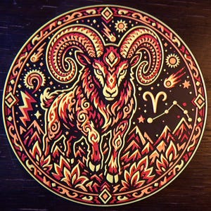 Puede incluir: Una pegatina circular con un carnero estilizado en tonos rojos, naranjas y amarillos sobre un fondo negro. El dise&ntilde;o incluye patrones intrincados, monta&ntilde;as, llamas, estrellas, un cometa y el s&iacute;mbolo del zodiaco Aries con su constelaci&oacute;n.