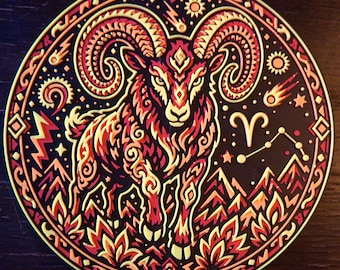 Aries - UV-Reactive 3D Wall Art, Neon Folk Art Zodiac Relief