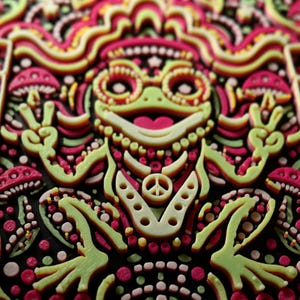 Raking-light close-up showing the raised layered texture of the frog and surrounding relief details.