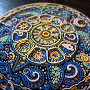 May include: A circular multi-layered wall art piece featuring a central sun motif surrounded by intricate patterns of stars, clouds, a crescent moon, and a lotus flower in shades of deep blue, bright yellow, light green, and white with raised textures.