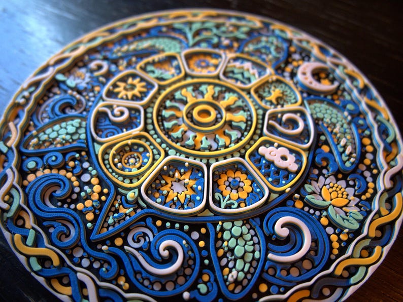 May include: A circular multi-layered wall art piece featuring a central sun motif surrounded by intricate patterns of stars, clouds, a crescent moon, and a lotus flower in shades of deep blue, bright yellow, light green, and white with raised textures.