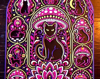 Nine Lives - UV-Reactive 3D Wall Art, Psychedelic Cat & Mushroom Relief
