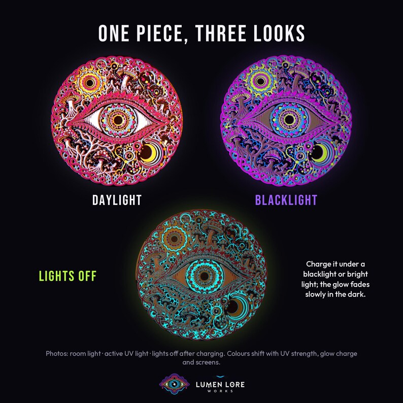 Cosmic Eye in daylight and under UV blacklight, and glowing in the dark after charging