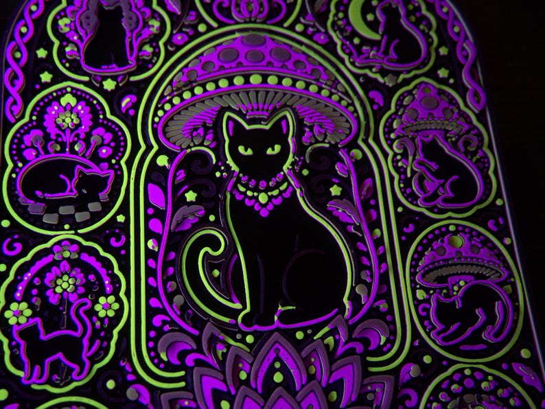 Pu&ograve; includere: Una spilla in metallo nero con la sagoma centrale di un gatto sotto un fungo, circondata da motivi pi&ugrave; piccoli di gatti e funghi. Il design &egrave; accentuato da smalto verde neon e viola, creando un aspetto luminoso ad alto contrasto.