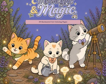 Dibujos para colorear de fantasía para adultos: 30 gatos mágicos para imprimir, libro para colorear digital, Moonlight & Magic