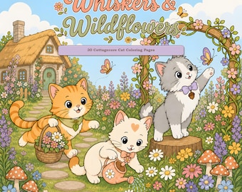 Libro para colorear digital: 30 páginas para colorear de gatos imprimibles para adultos, estilo cottagecore, bigotes y flores silvestres.