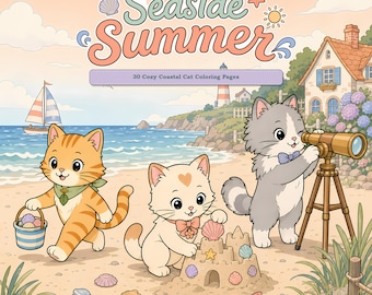 Dibujos para colorear de verano para adultos: 30 escenas de gatos en la playa para imprimir, libro para colorear digital, verano junto al mar.