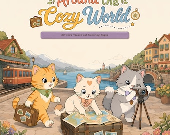 Dibujos para colorear de viajes para adultos: 30 escenas de gatos para imprimir, libro para colorear digital, Alrededor del acogedor mundo