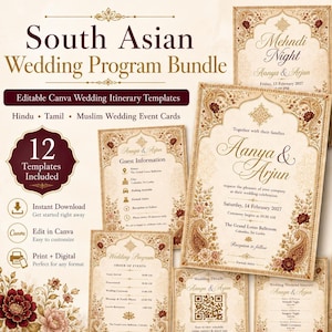 May include: A South Asian wedding program bundle featuring editable Canva itinerary templates with ornate gold and maroon floral borders. The cards display text for events like Mehndi Night, Sangeet Night, Haldi Ceremony, and Reception for Aanya & Arjun.