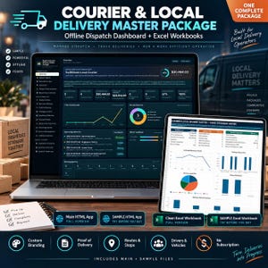 Courier Business Dashboard, lokal leveransspårare, utskick och leveransbevisorganisatör, Excel-arbetsbok, offline HTML-app