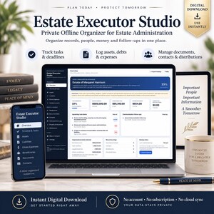 May include: Estate Executor Studio digital organiser software displayed on a laptop and smartphone screen. The interface shows estate administration dashboards with financial data, task lists, and contact management. Includes a pen and mug.