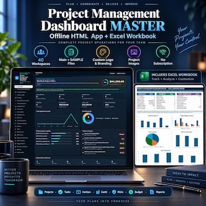 Op de afbeelding: Een digitaal projectmanagementdashboard weergegeven op een laptop- en tabletscherm. De interface bevat donkere modus-analyses, grafieken en projectgegevens. Tekst bevat Project Management Dashboard MASTER, Offline HTML App + Excel Workbook.