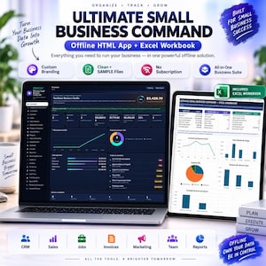 May include: A laptop and tablet displaying the Ultimate Small Business Command dashboard, an offline HTML app and Excel workbook. The screens show business data, charts, and navigation menus for CRM, sales, jobs, invoices, marketing, and reports.