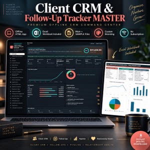 May include: A digital Client CRM and Follow-Up Tracker Master dashboard displayed on a laptop and tablet screen. The interface features dark mode analytics, sales pipeline charts, and client relationship metrics. Includes an Excel workbook icon.