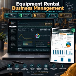 May include: A laptop and tablet displaying an Equipment Rental Business Management software interface with charts, financial data, and operational dashboards. The screen shows text including Equipment Rental Business Management, Premium Offline Rental Operations Suite, and Excel Command Center.