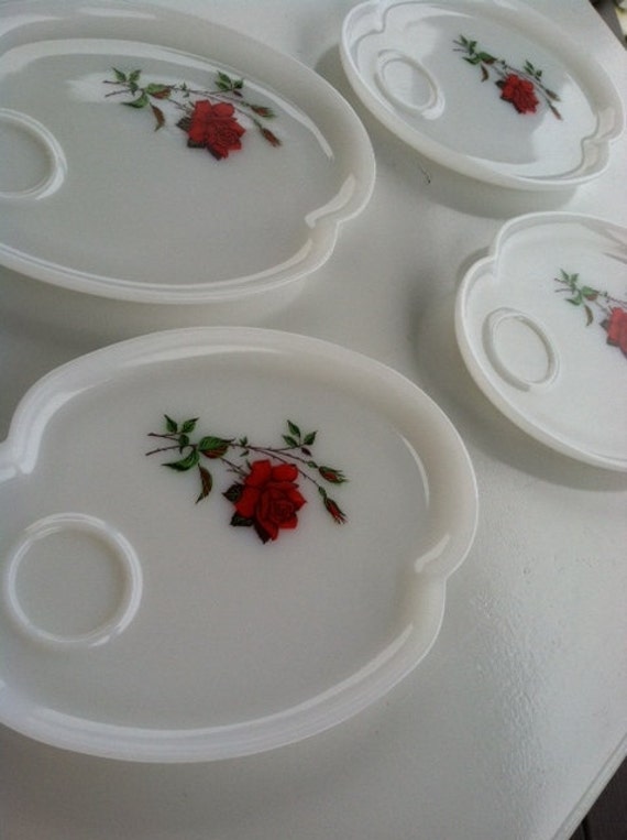 Items similar to 4 White Federal milkglass snack plates with red roses
