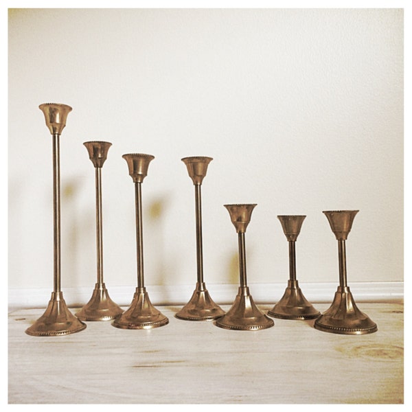 Vintage Brass taper candlestick holder / 7 brass candle holders / ornate design / Boho wedding / vintage wedding / vintage decor