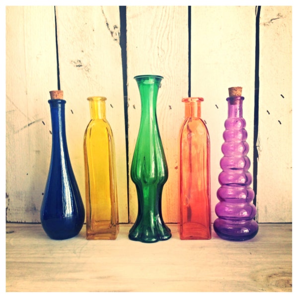 Vintage colorful collection of supply bottles / yellow blue purple green glass bottles / boho wedding vases / cobalt blue / supply bottles