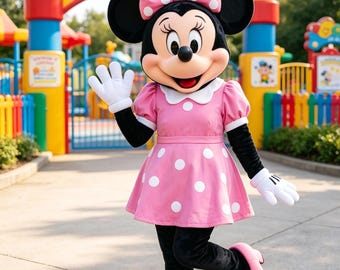Minnie Mouse Mascot Costume Handmade Pink Bow Adult Cosplay Suit, Full Body Character Outfit with Headcover Gloves Shoes for Comic Con Event