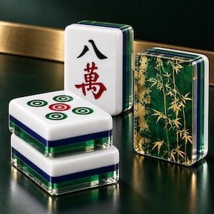K&ouml;nnte beinhalten: Drei rechteckige Mahjong-Spielsteine mit geschichtetem Design. Ein Stein zeigt ein gr&uuml;nes Bambusmuster mit goldenen Akzenten, einer das chinesische Schriftzeichen f&uuml;r acht und einer ein kreisf&ouml;rmiges Muster in Rot und Gr&uuml;n auf Wei&szlig;.