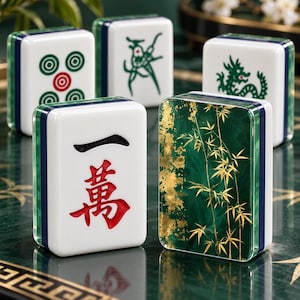 K&ouml;nnte beinhalten: Ein Set aus f&uuml;nf rechteckigen Mahjong-Spielsteinen. Vier Steine haben wei&szlig;e Vorderseiten mit eingravierten gr&uuml;nen und roten Symbolen, darunter Kreise, ein Drache und chinesische Schriftzeichen. Ein Stein zeigt ein goldenes Bambusmotiv.