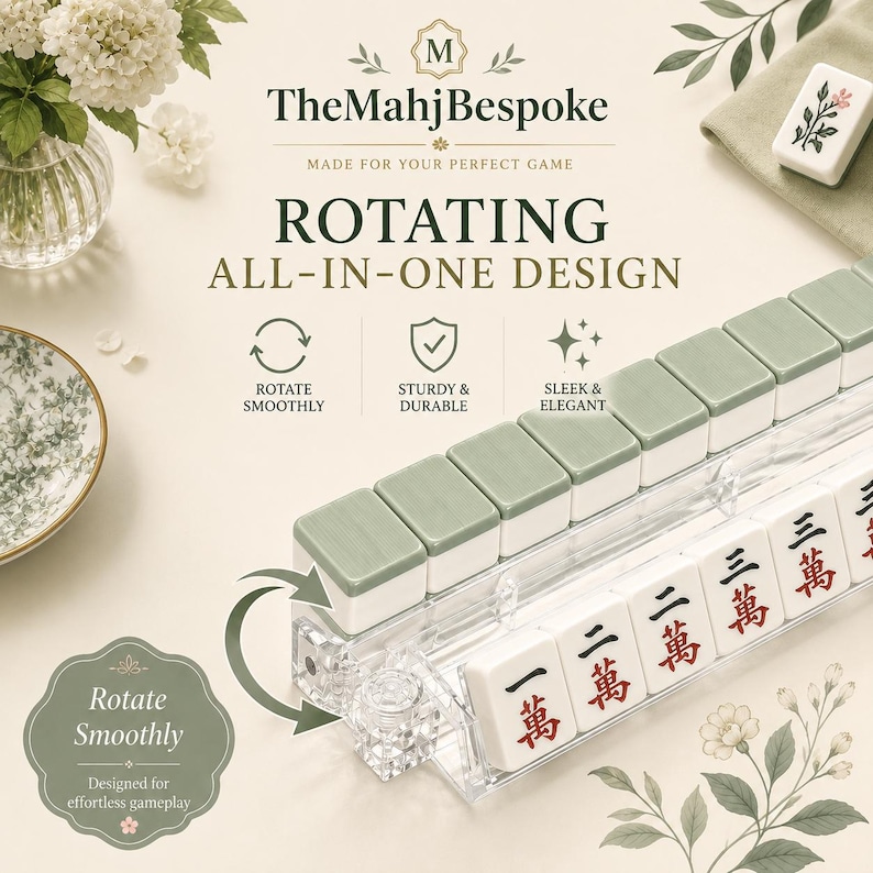 K&ouml;nnte beinhalten: Ein Mahjong-Fliesenhalter aus klarem Acryl mit Drehmechanismus, ausgestattet mit salbeigr&uuml;nen und wei&szlig;en Fliesen. Der Halter zeigt Fliesen mit schwarzen und roten chinesischen Schriftzeichen. Text beinhaltet TheMahjBespoke, ROTATING ALL-IN-ONE DESIGN.