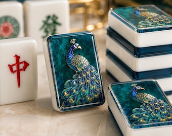 Könnte beinhalten: Eine Sammlung rechteckiger Mahjong-Spielsteine mit weißer Basis und blau-grün marmorierten Oberseiten. Mehrere Spielsteine zeigen ein detailliertes Pfauenmotiv in Gold und Blau, während andere traditionelle rote und grüne chinesische Schriftzeichen tragen.