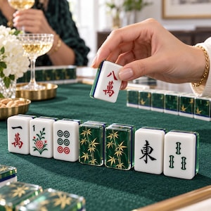 K&ouml;nnte beinhalten: Ein Set aus wei&szlig;en und dunkelgr&uuml;nen Mahjong-Spielsteinen mit verschiedenen roten, schwarzen und gr&uuml;nen Symbolen, darunter chinesische Schriftzeichen, Blumenmuster und Bambusmotive. Ein Stein mit dem roten Zeichen 八萬 wird &uuml;ber dem Tisch gehalten.