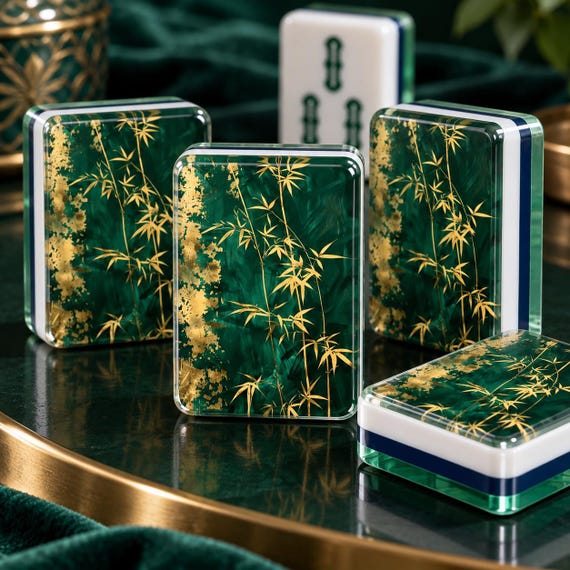 Bamboo Mahjong Tiles, Green Mahjong Set, Gold Bamboo Mahjong Tiles, Asian Inspired Mahjong Set, Elegant Mahjong Game, Unique Mahjong Gift