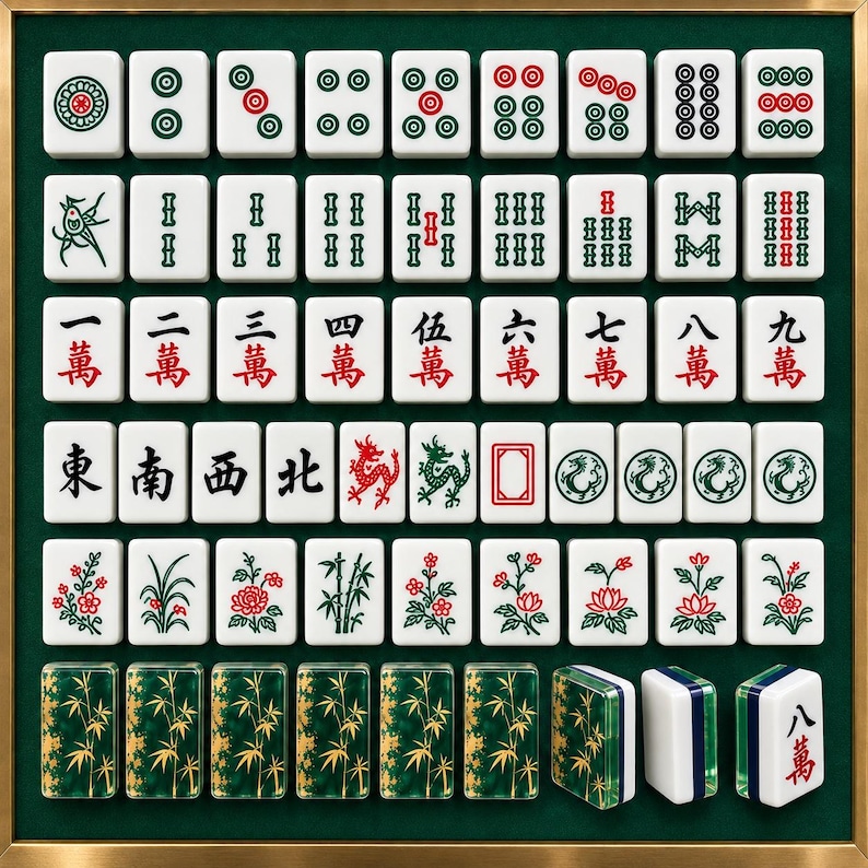 K&ouml;nnte beinhalten: Ein Mahjong-Set mit wei&szlig;en Spielsteinen, die gr&uuml;ne, rote und schwarze eingravierte Symbole wie Punkte, Bambus, Schriftzeichen, Winde, Drachen und Blumen zeigen. Das Set enth&auml;lt Steine mit einem gr&uuml;nen und goldenen Bambusmuster auf der R&uuml;ckseite.